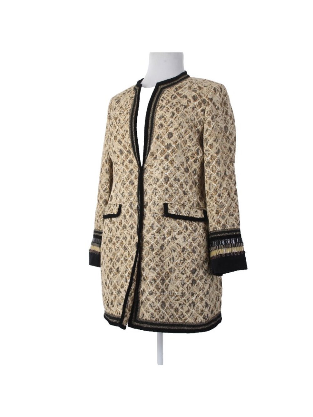 Chicos Jacket Sz 2 Tan Black Buttons Pockets Rayon Polyester Metallic Jacket - Picture 4 of 10